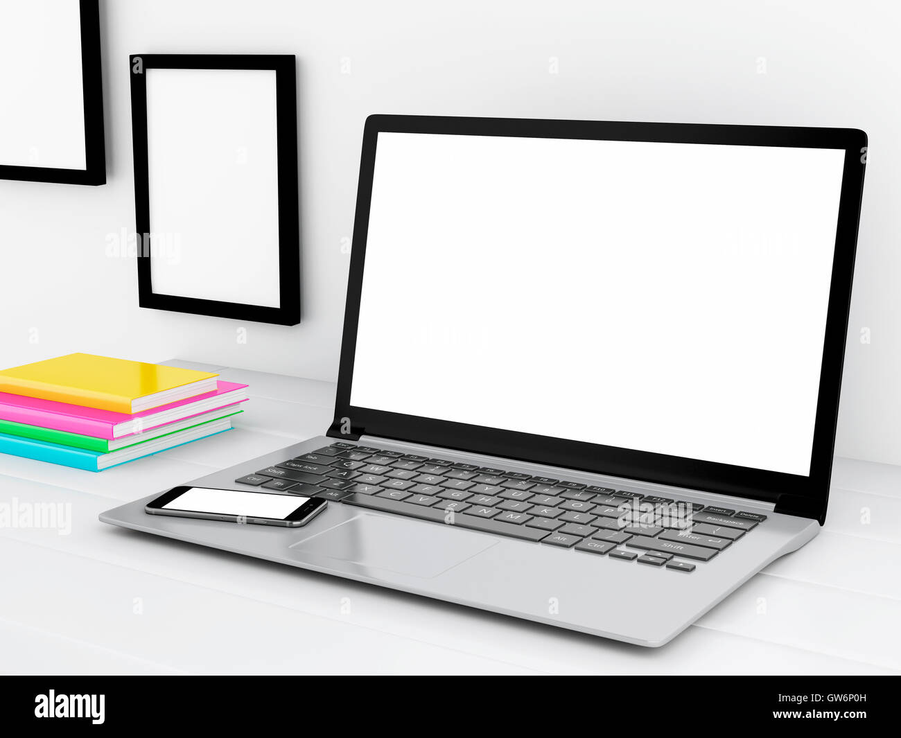 3D illustration. Modern workspace with blank screen computer. Mock up