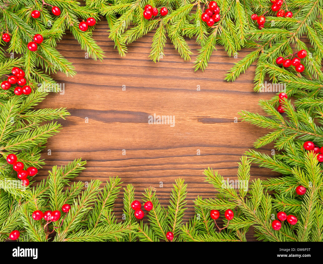 Christmas tree branches red berries frame on the dark textured wooden ...