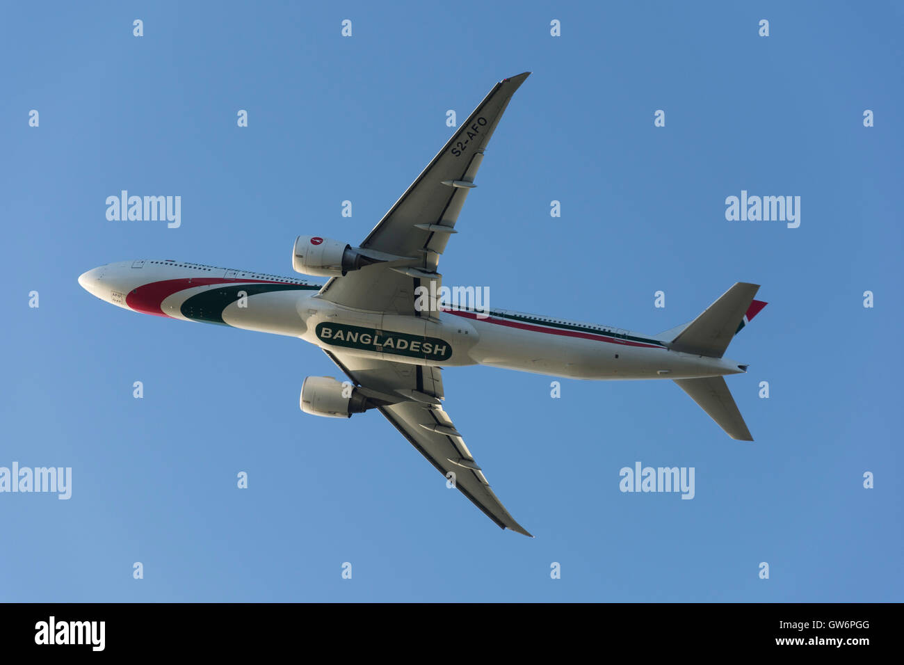 Biman Bangladesh Airlines Boeing 7773E9(ER) taking off from Heathrow Airport, Greater London