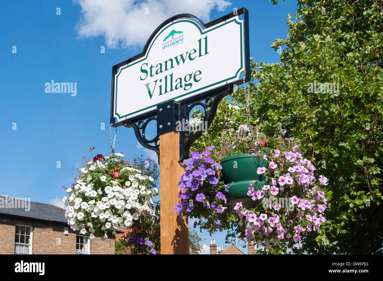 Village sign on Green, High Street, Stanwell Village, Stanwell, Surrey, England, United Kingdom Stock Photo