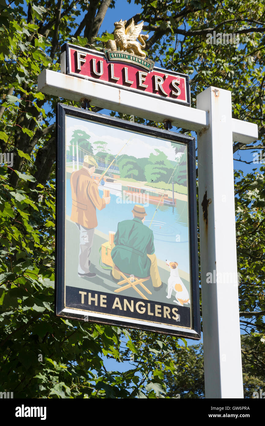 The Anglers Pub sign, Teddington, London Borough of Richmond upon Thames, Greater London, England, United Kingdom Stock Photo