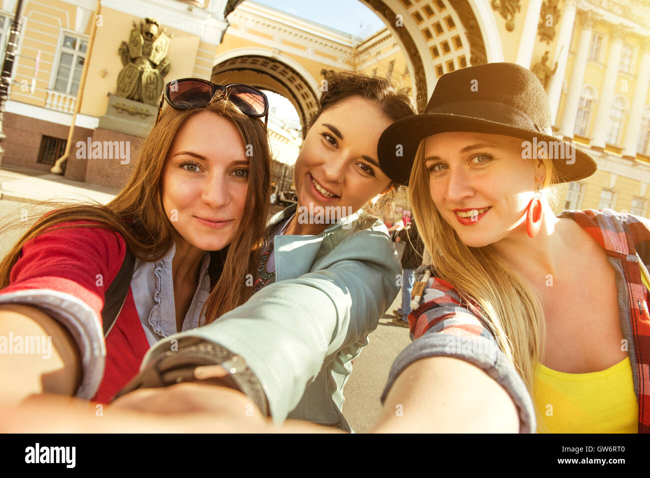 Group of girls friends taking happy selfie Stock Photo