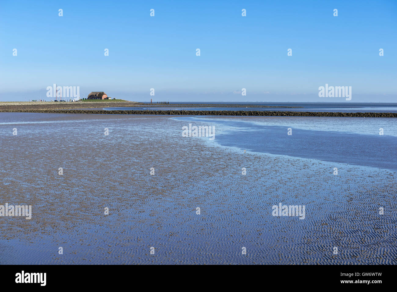 The tiny islet of Langeness in the mud flats of the North Sea at low tide, Schleswig-Holstein, Germany Stock Photo