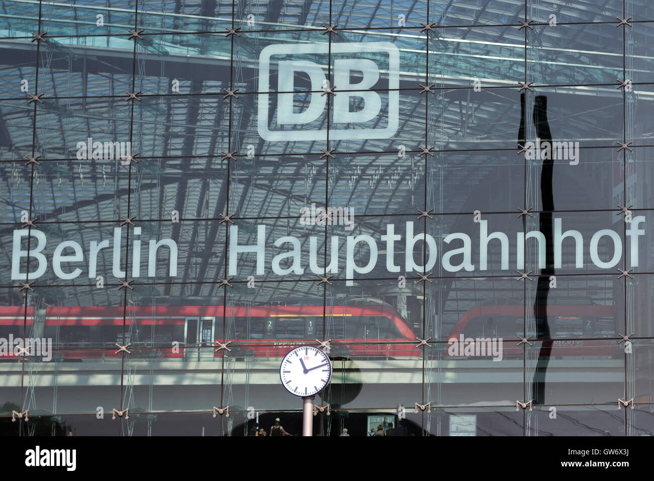 German railway logo 'DB' (Deutsche Bahn) on glass facade of Berlin main train station (Berlin Hauptbahnhof) Stock Photo