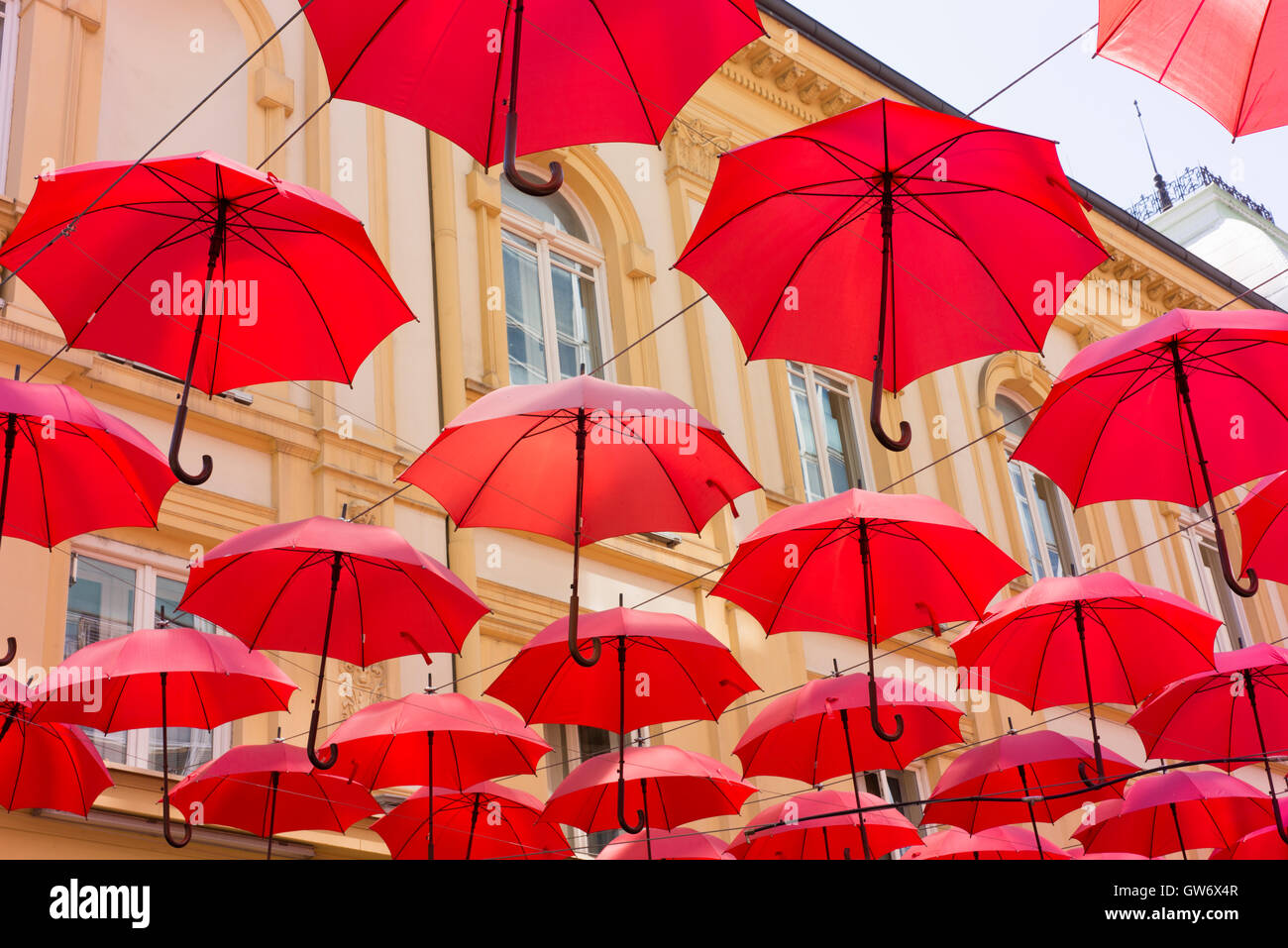 Art installation made of umbrellas in Belgrade's city centre. Stock Photo