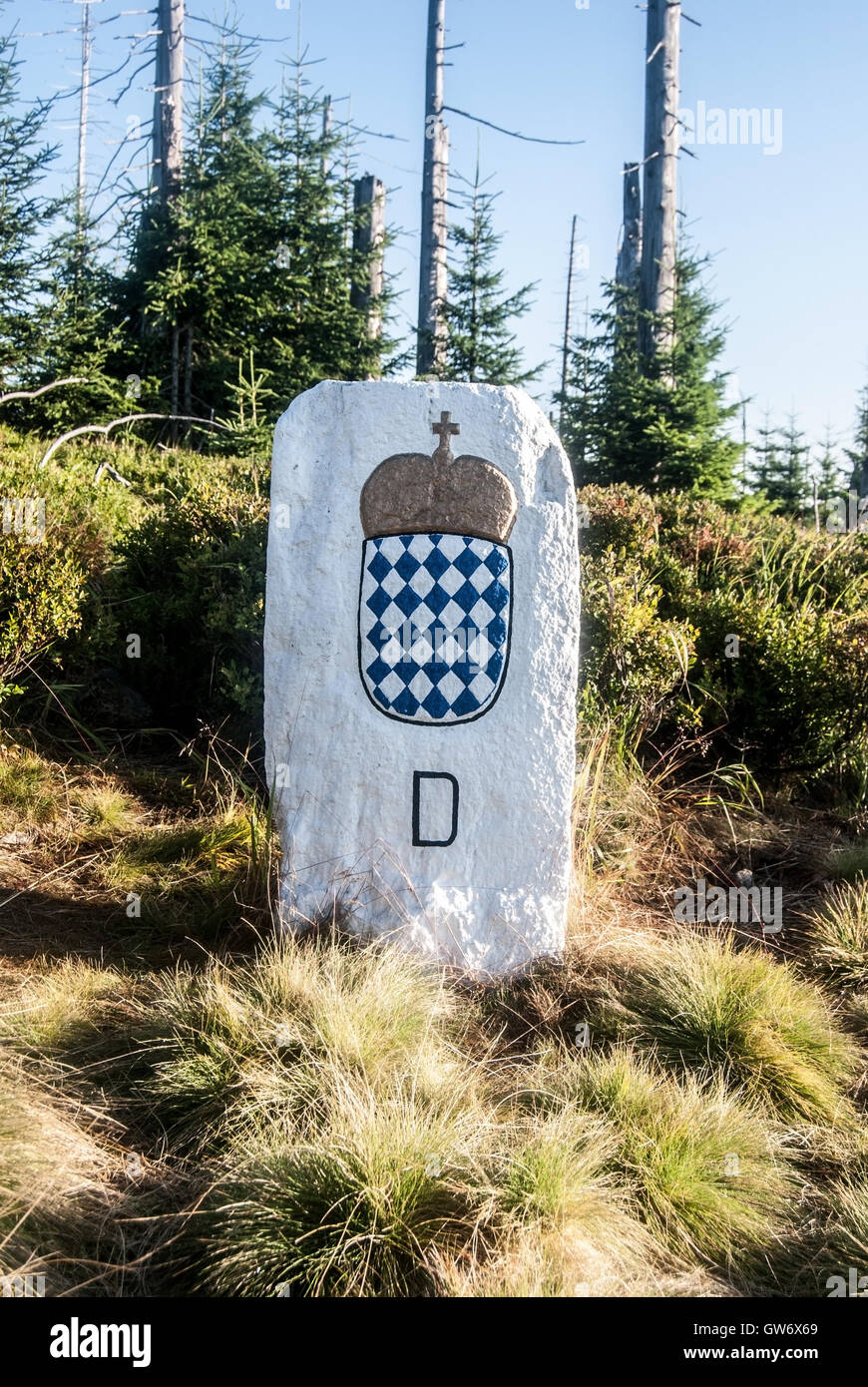 old border stone with coat of arms of Bavaria on german-czech borders on Kleiner Spitzberg hill in Bavarian Forest mountans Stock Photo