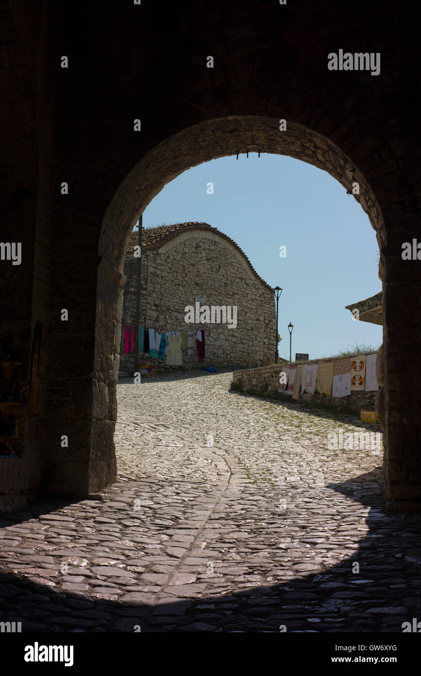 Entrance to Berat Castle. Stock Photo