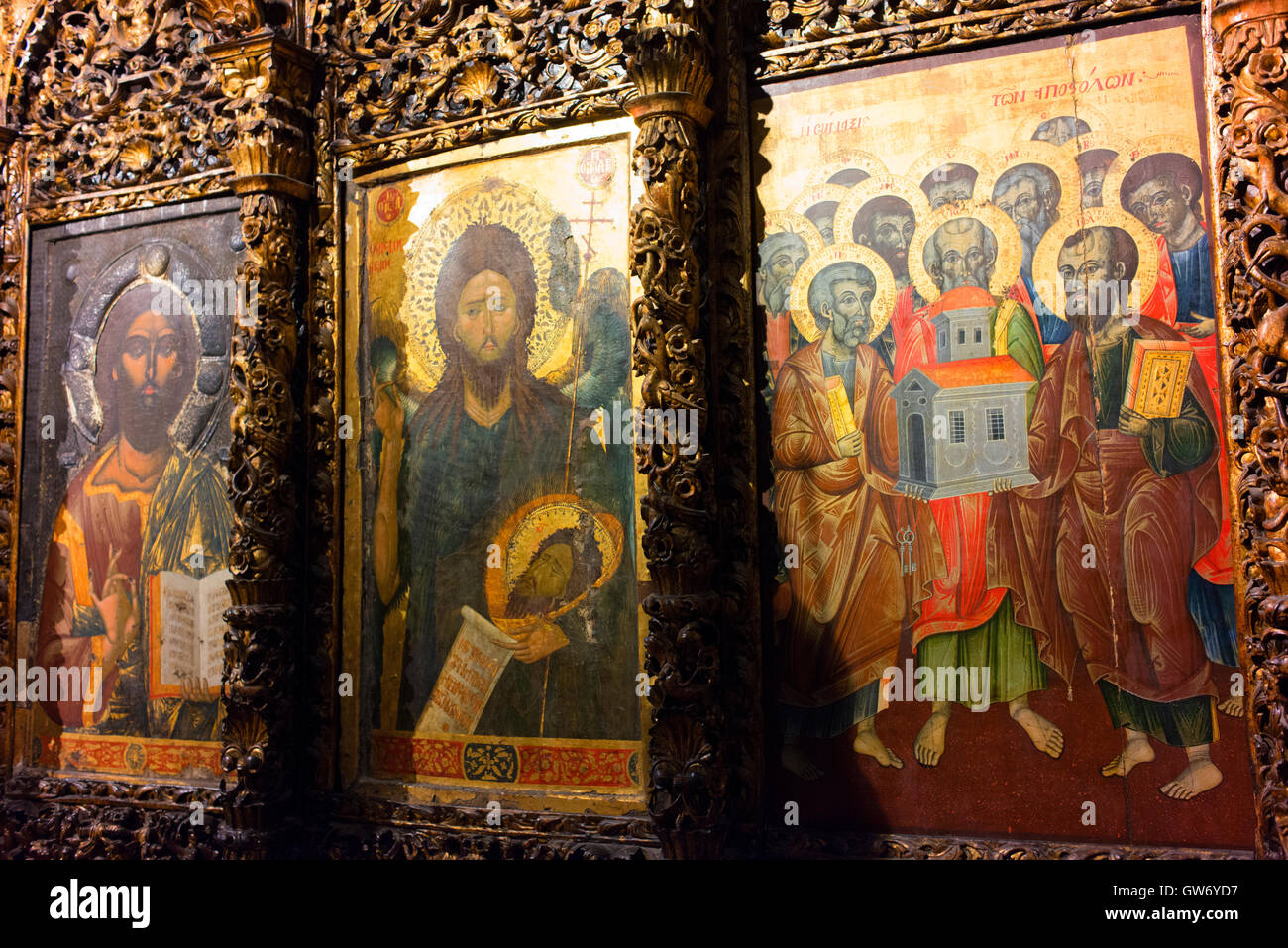 Iconostasis in the Onufri Museum in the Cathedral of the Assumption of Saint Mary, within the walls of Berat Castle. Stock Photo