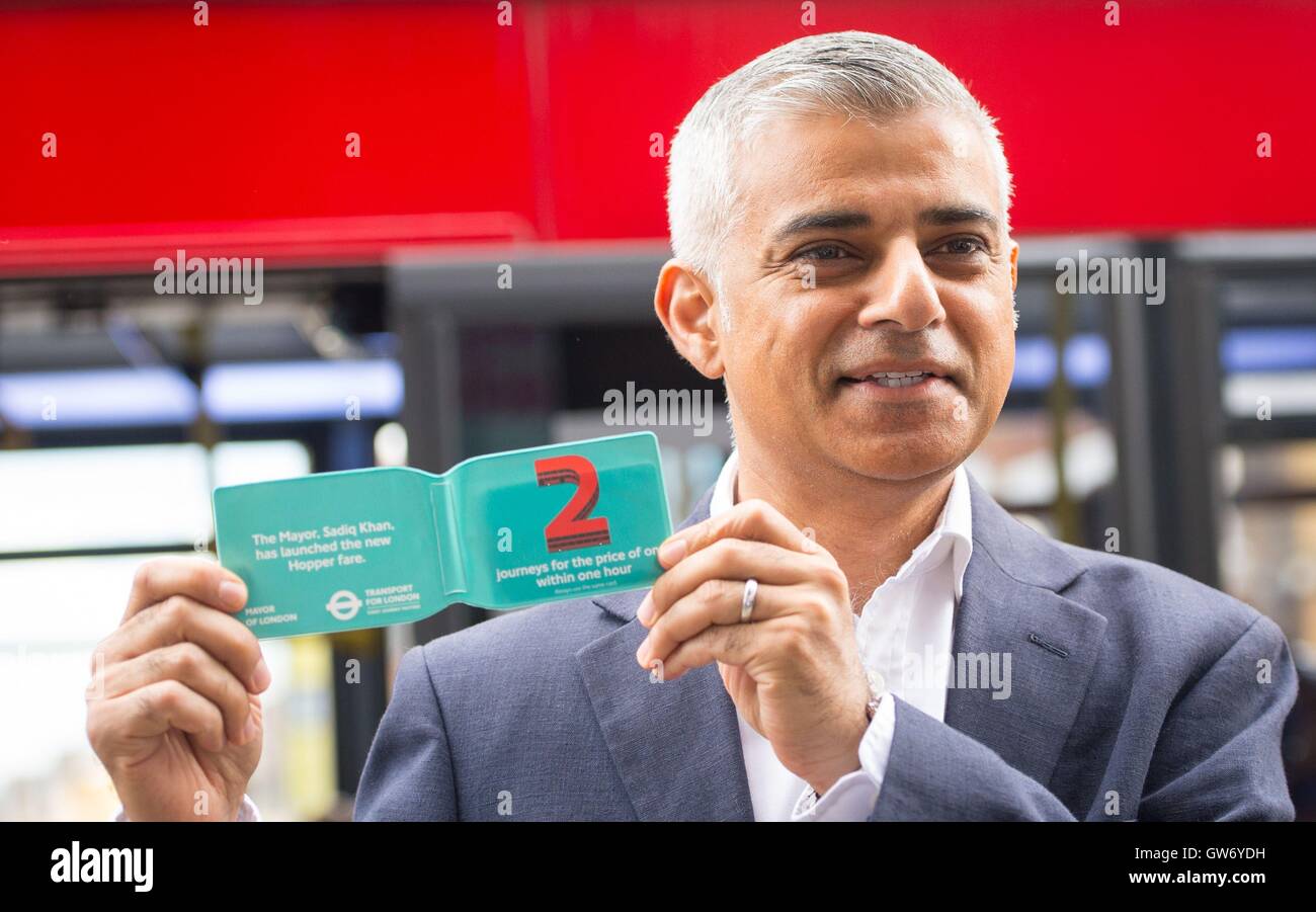 Mayor of London Sadiq Khan launches the new 'bus hopper' bus fare, which allows passengers to make two bus journeys in a one-hour window for one fare, in Tooting, south London. Stock Photo
