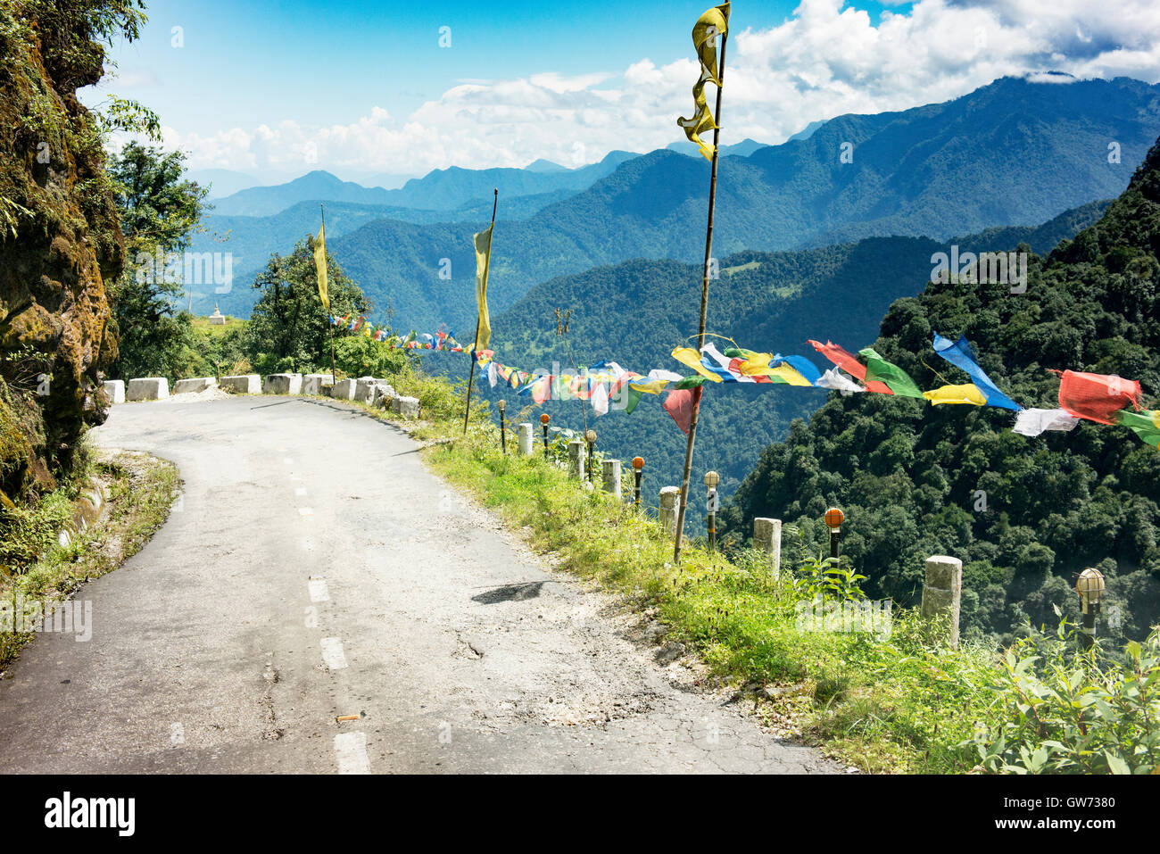 Precarious road travel in Bhutan, near Trashigang. Stock Photo