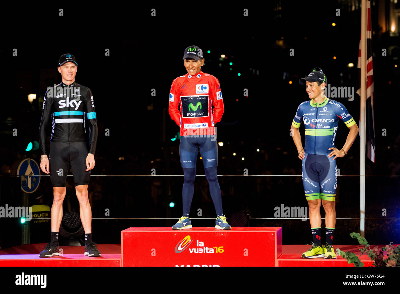 Madrid Spain 11th September 16 Chris Froome 2nd Team Sky Nairo Quintana 1st Movista Team And Esteban Chaves 3rd Orica With Kids At Final Podium Of The 21st Stage Of Cycling Race Madrid Spain 11th September 16 Chris Froome 2nd Team Sky Nairo Quintana 1st Movista Team And Esteban Chaves 3rd Orica With Kids At Final Podium Of The 21st Stage Of Cycling Race