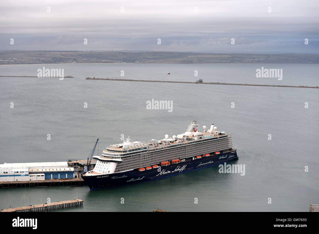 Mein Schiff 5 cruise ship in Portland Port, Dorset, UK Stock Photo
