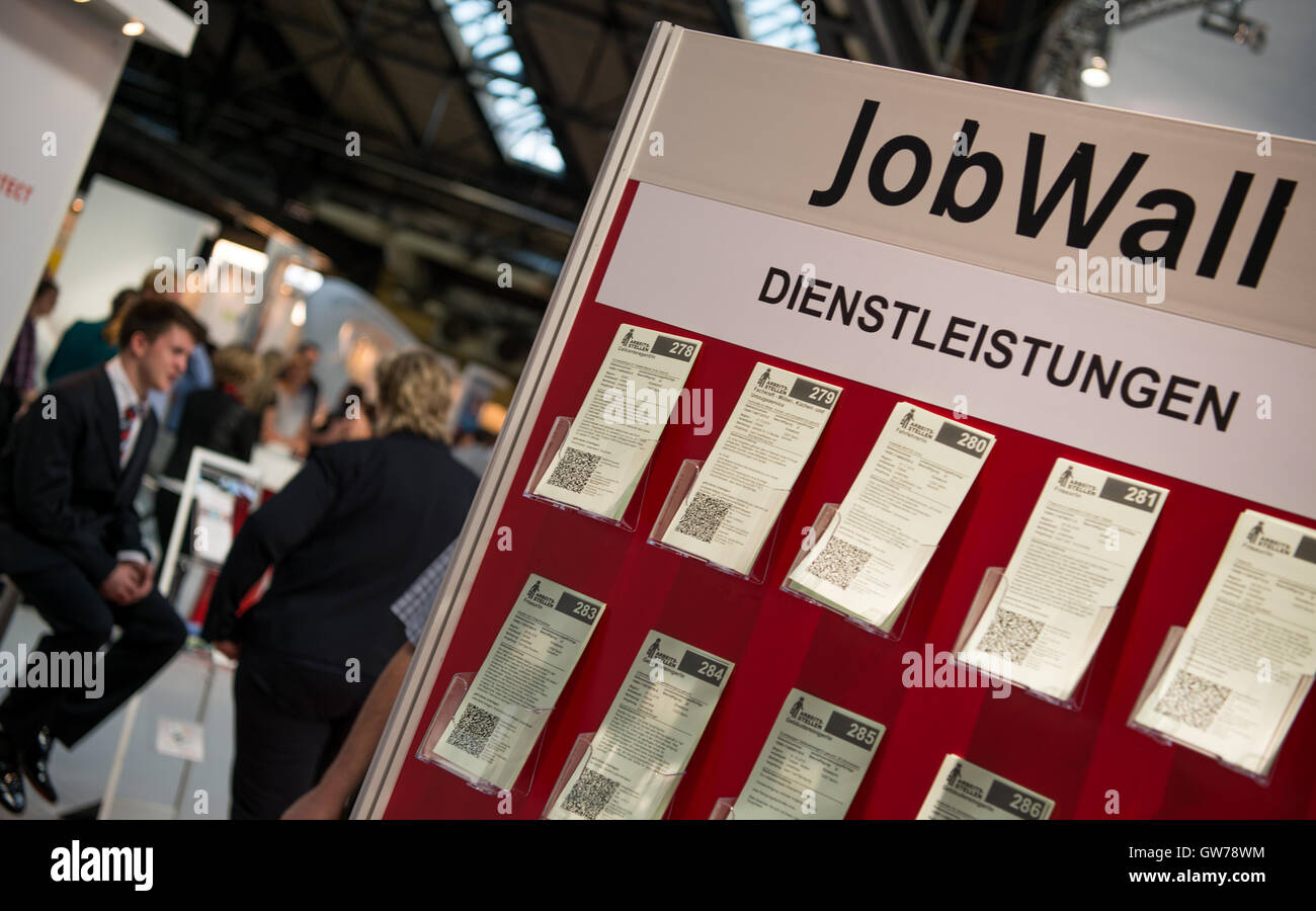 Berlin, Germany. 12th Sep, 2016. Job offerings in the 'service' sector are displayed on the 'JobWall' at the 'Jobaktiv' job fair in Berlin, Germany, 12 September 2016. Over 40 companies from various branches are presenting their current job offers and openings at the fair. Photo: MONIKA SKOLIMOWSKA/dpa/Alamy Live News Stock Photo