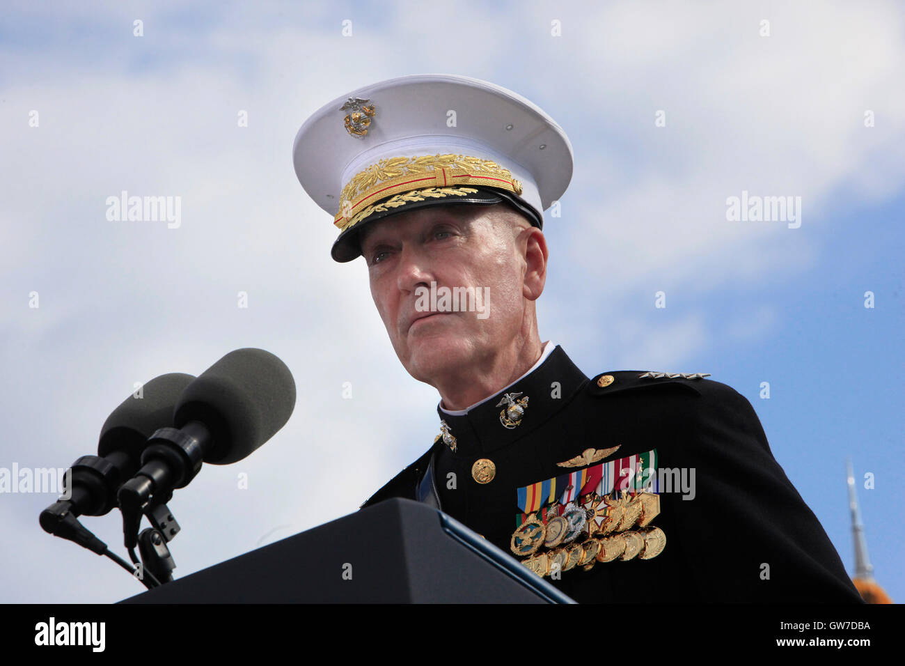 WASHINGTON DC - SEPTEMBER 11: United States Marine Corps General Joseph F. Dunford Jr., Chairman of the Joint Chiefs of Staff, makes remarks at the Pentagon Memorial in Washington, DC during an observance ceremony to commemorate the 15th anniversary of the 9/11 terrorist attacks, Sunday, September 11, 2016.  Credit: Dennis Brack / Pool via CNP/MediaPunch Stock Photo