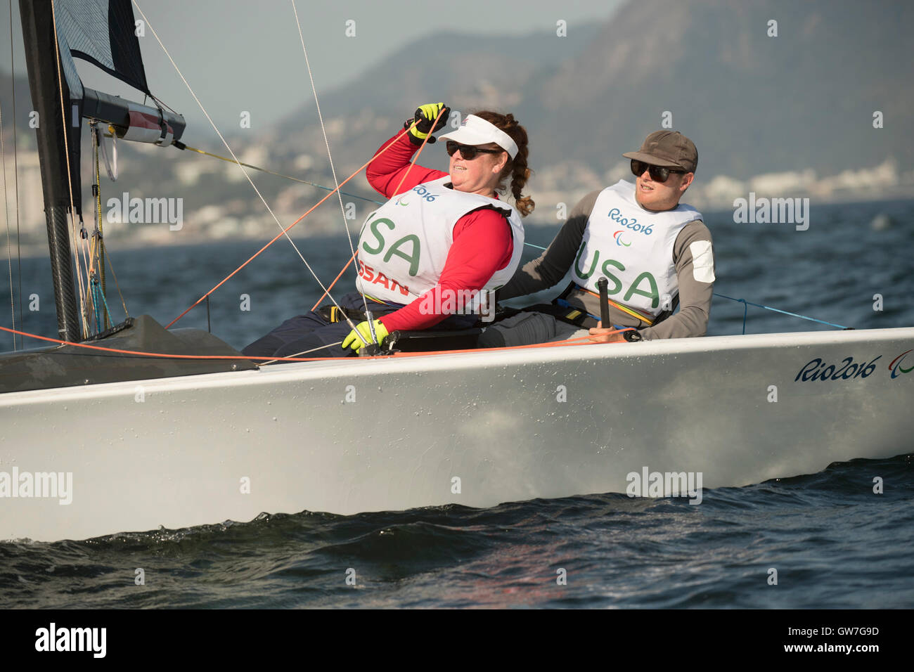 USA's Ryan Porteous and Maureen McKinnon in the SKUD18 class race during sailing competition at the 2016 Paralympics. Stock Photo