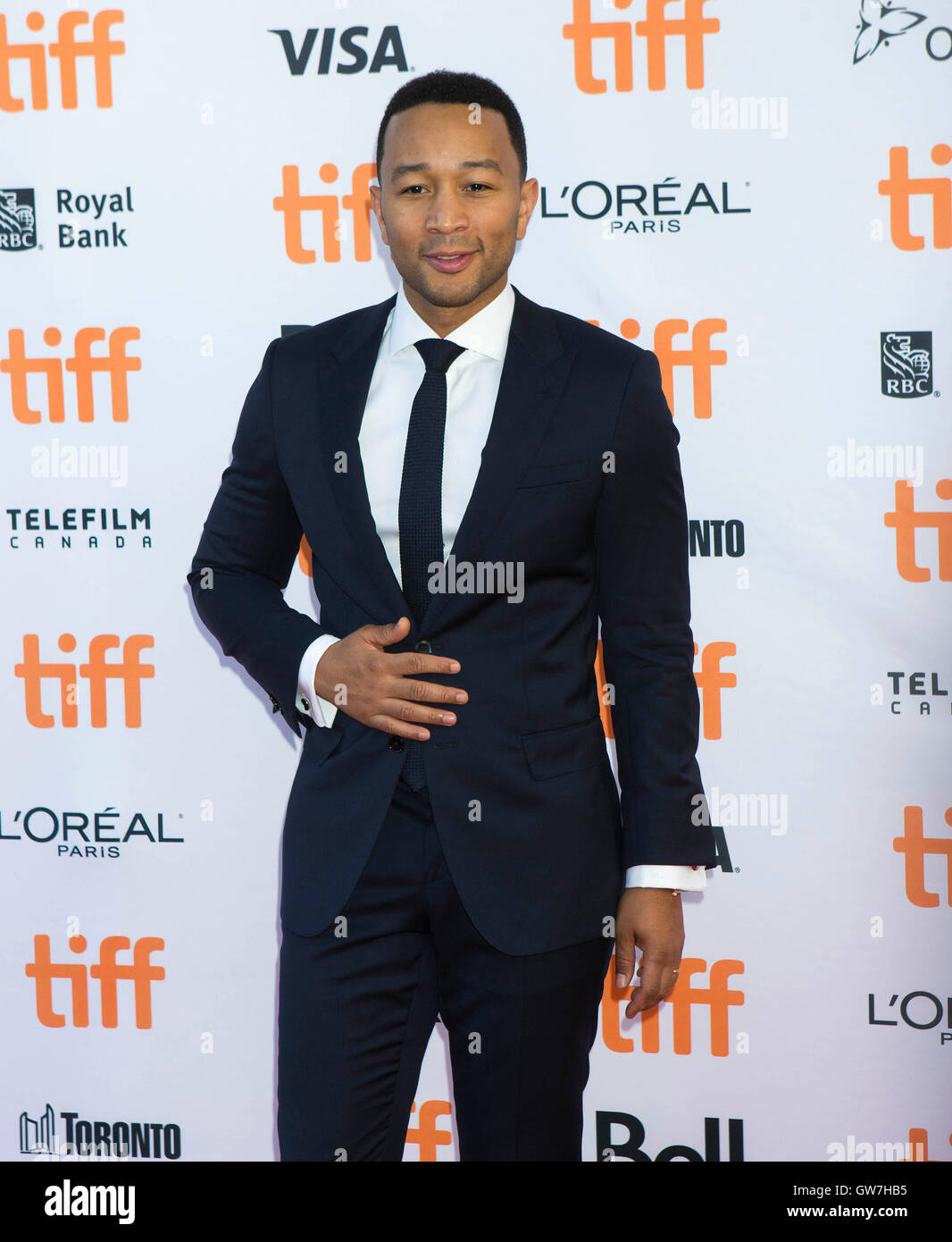 Toronto, Canada. 12th Sep, 2016. Actor John Legend poses for photos before the Canadian premiere of the film 'La La Land' at the Princess of Wales Theater during the 41st Toronto International Film Festival in Toronto, Canada, Sept. 12, 2016. Credit:  Zou Zheng/Xinhua/Alamy Live News Stock Photo