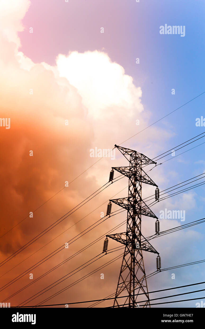 High voltage post and sky in twilight time Stock Photo - Alamy