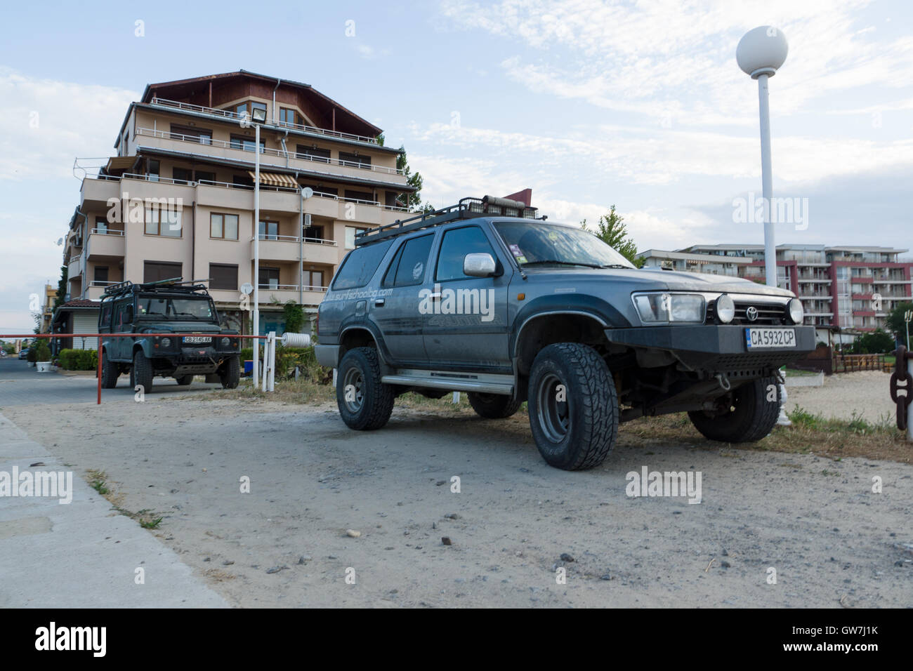 Nessebar, Bulgaria - JUNE 19, 2016: cars extreme tourists spend the night at the hotel Stock Photo