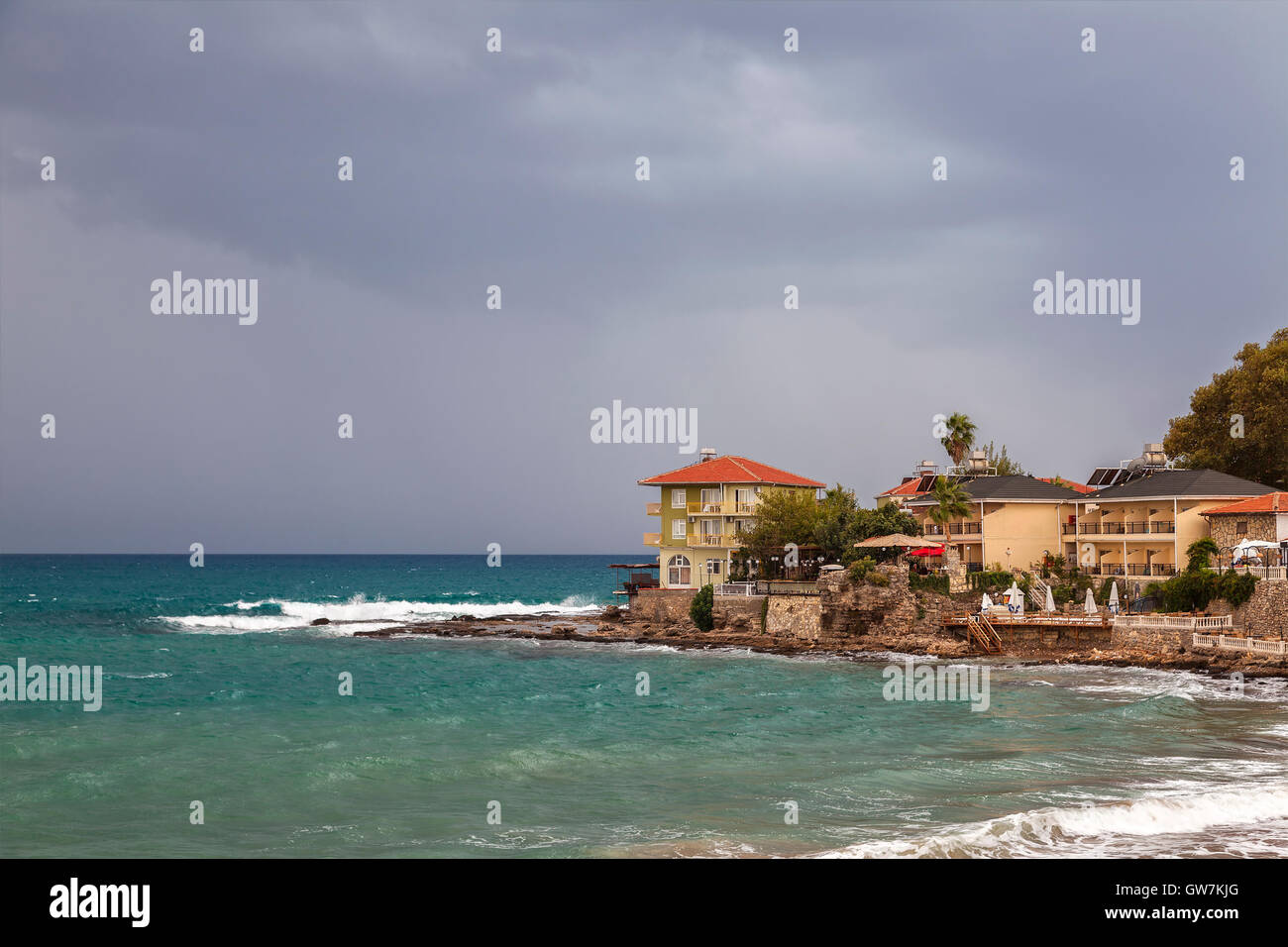 The popular Turkish coastal resort of Side, on a stormy day. Stock Photo