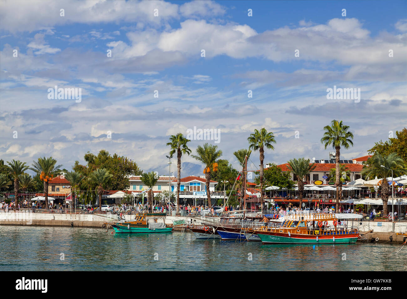 The bustling center of the Turkish resort town of Side, Turkey. Stock Photo