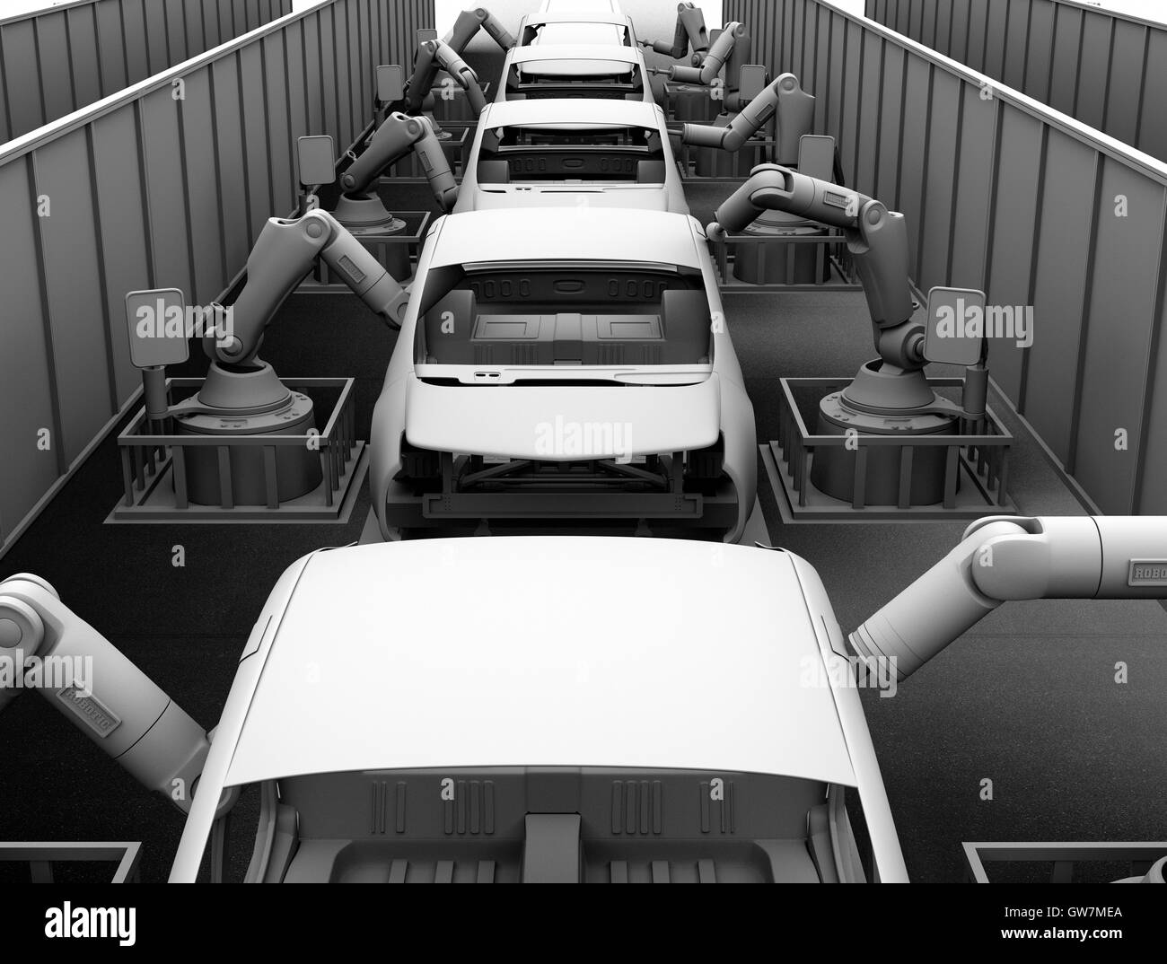 Clay shade image of electric vehicles assembly line. 3D rendering image. Stock Photo