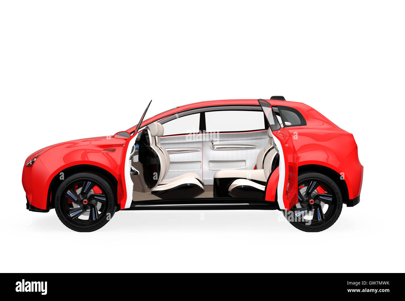 Side view of electric SUV concept car isolated on white background. The doors opened and front seats was turned backward. Stock Photo