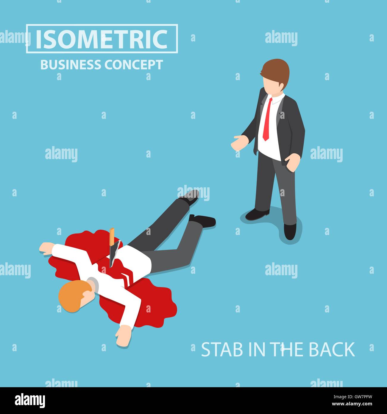Flat 3d isometric businessman is stabbed in the back by his colleague, betrayal and conflict with business partner concept Stock Vector