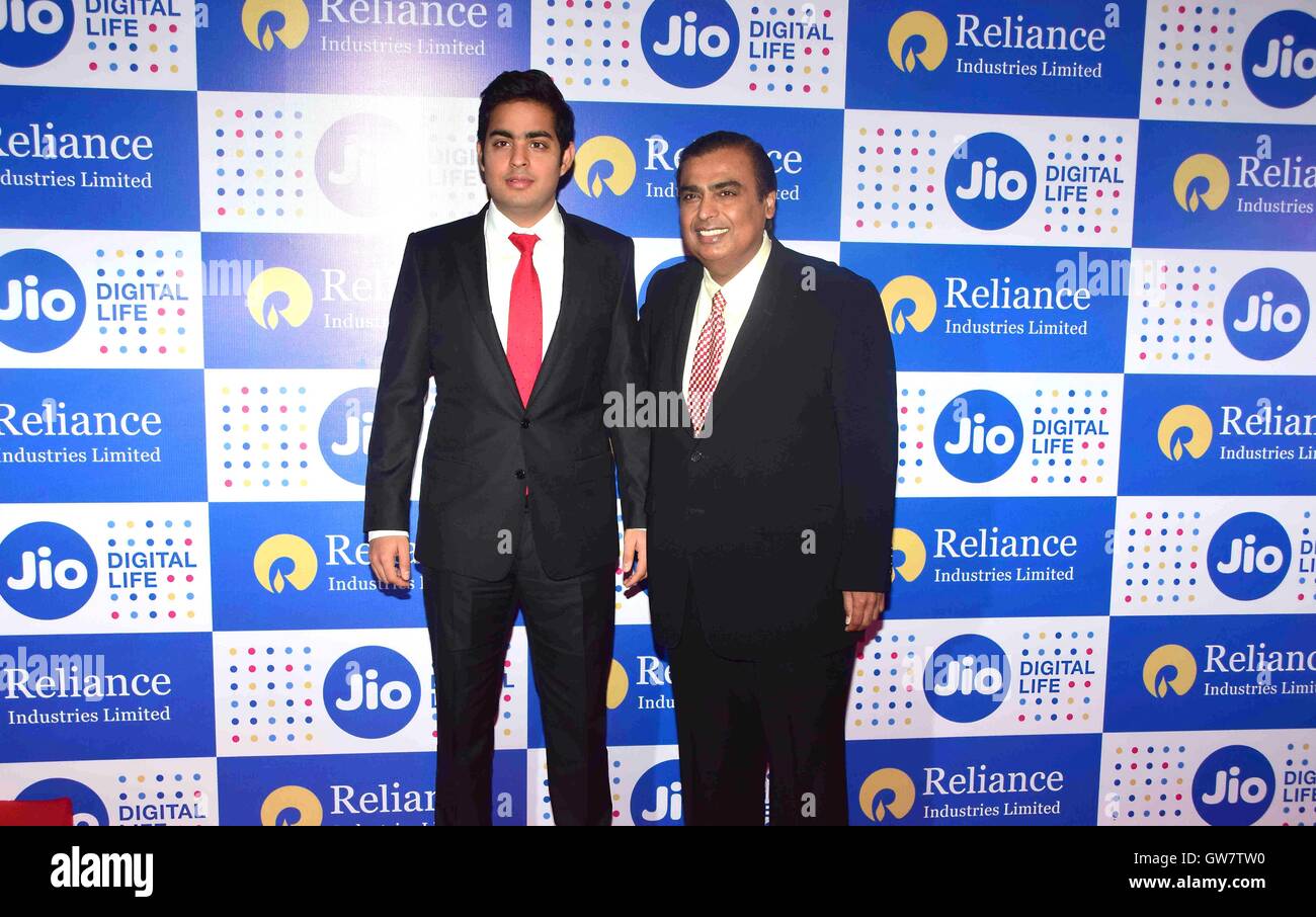 Reliance Industries Limited Chairman Mukesh Ambani with Akash Ambani Annual General Meeting Mumbai September 1,2016 Stock Photo