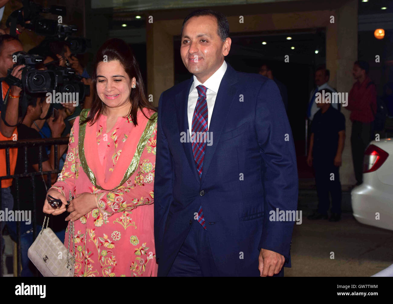 Reliance Industries Limited Executive Director Nikhil Meswani arrives wife Elina Annual General Meeting Mumbai September 1,2016 Stock Photo