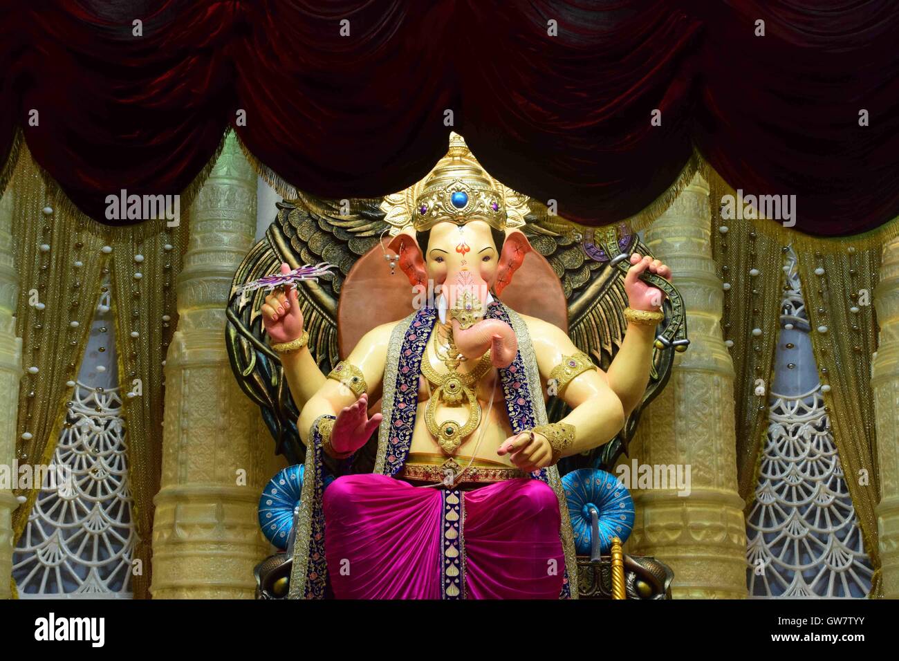 First look Lalbaugcha Raja idol elephant headed god Ganesh photo shoot Lalbaugcha Raja Sarvajanik Ganeshotsav Mandal Mumbai Stock Photo