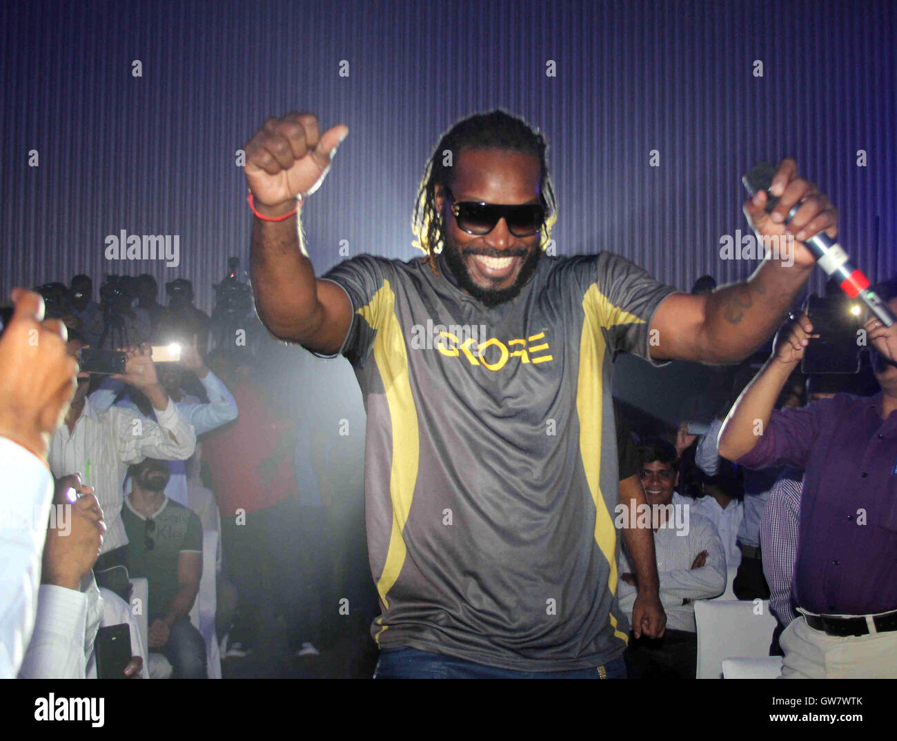 West Indies cricket player Chris Gayle during the launch of Skore champion series condoms, in Mumbai Stock Photo