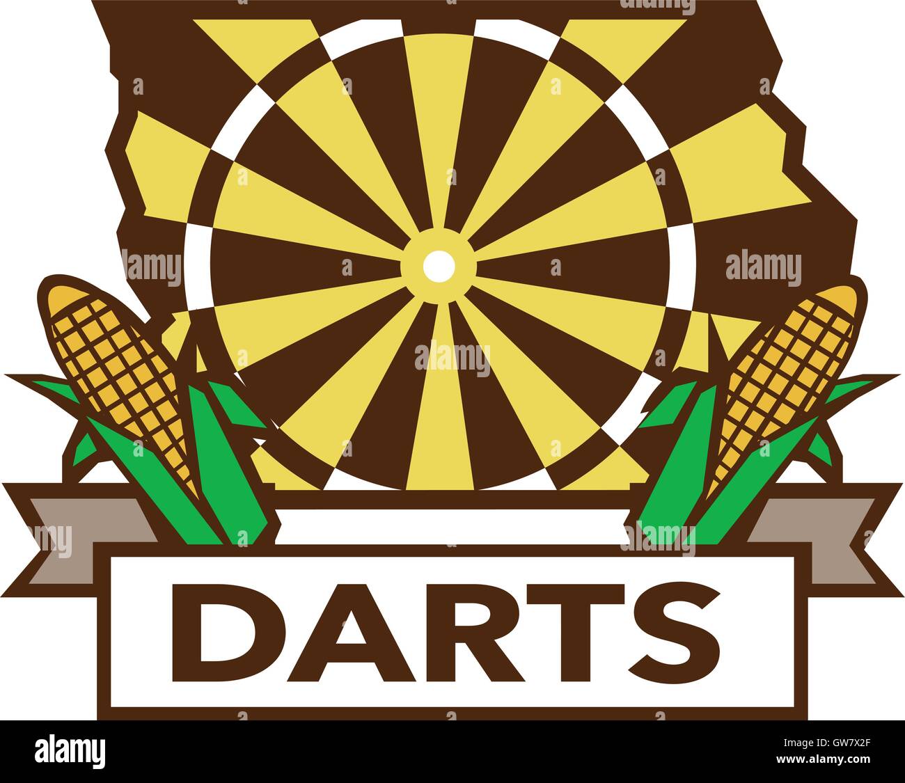 Illustration of a Iowa state map dart board and corn set on isolated