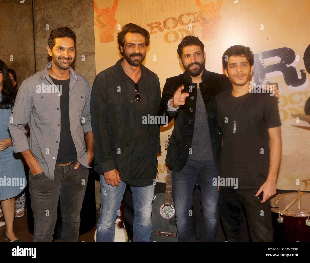 Bollywood actors Purab Kohli, Arjun Rampal, Farhan Akhtar and Shashank Arora teaser launch of film Rock On 2, Mumbai Stock Photo