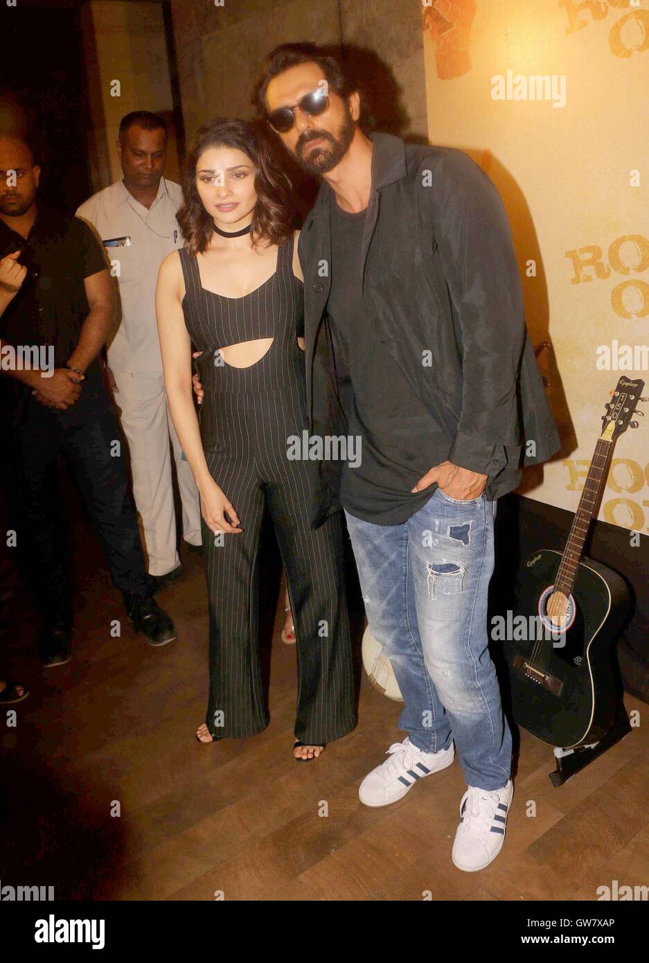 Bollywood actors Prachi Desai and Arjun Rampal during the teaser launch of film Rock On 2, in Mumbai Stock Photo
