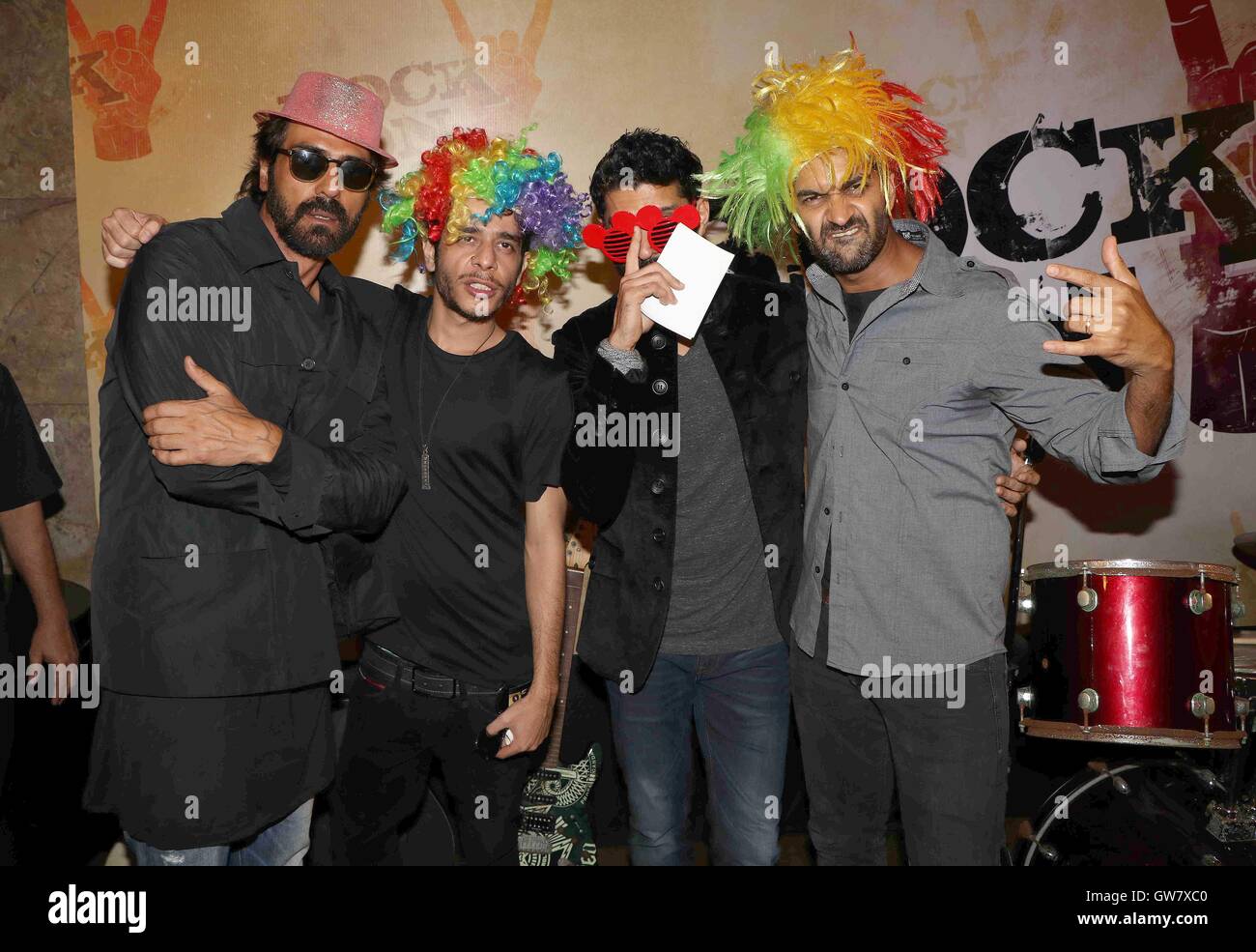 Bollywood actors Arjun Rampal, Shashank Arora, Farhan Akhtar and Purab Kohli teaser launch of film Rock On 2, in Mumbai Stock Photo