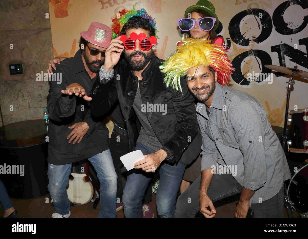 Bollywood actors Arjun Rampal, Farhan Akhtar, Shraddha Kapoor and Purab Kohli teaser launch of film Rock On 2, in Mumbai Stock Photo