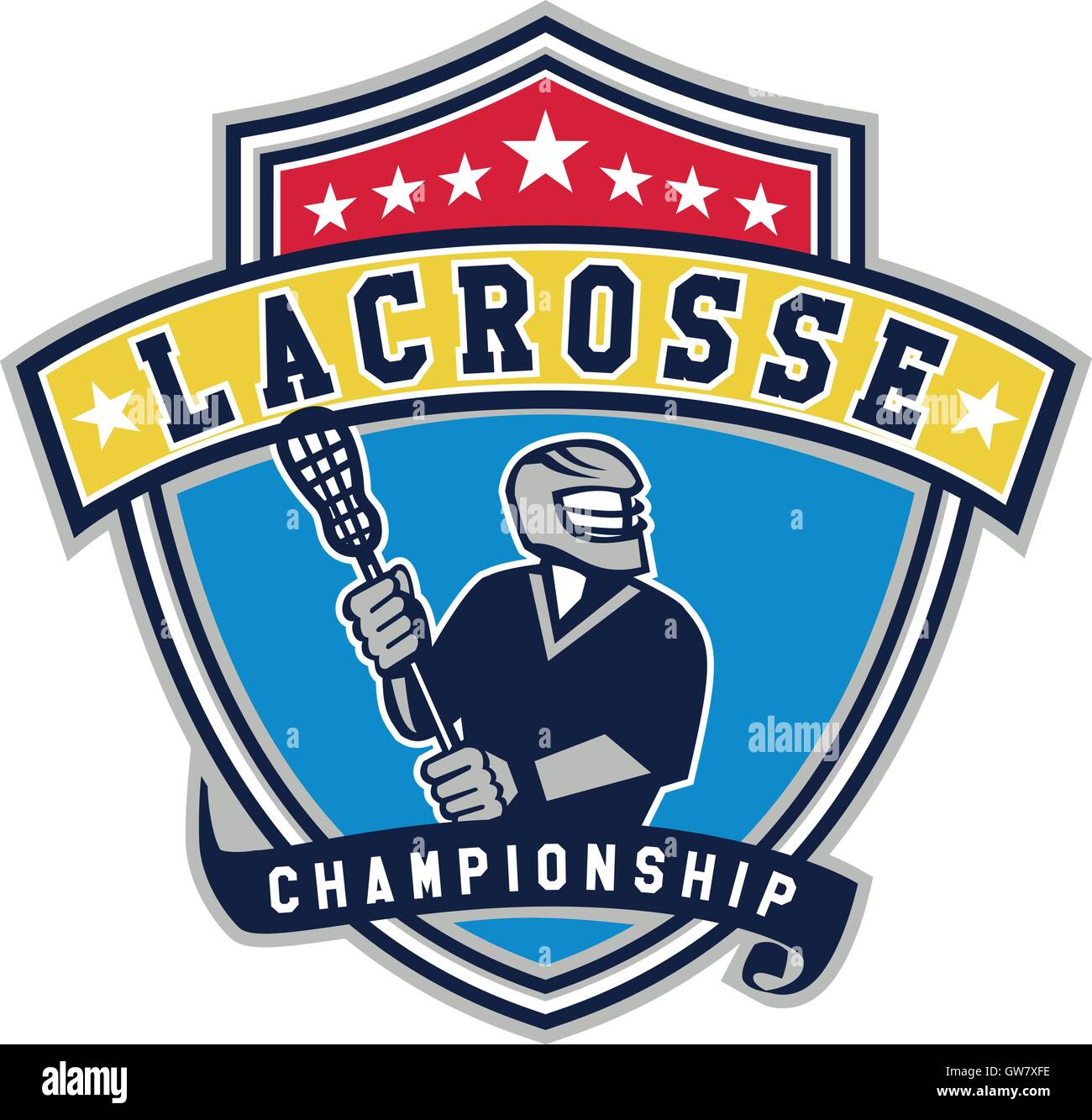 Illustration of a lacrosse player holding a crosse or lacrosse stick looking to the side viewed