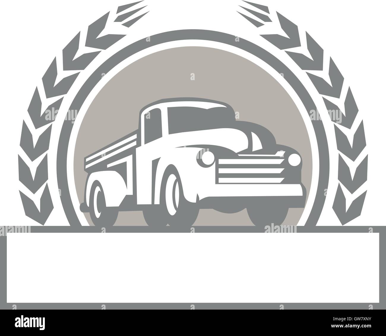 Illustration of a vintage pick up truck set inside circle with stylized wheat wreath done in retro style. Stock Vector