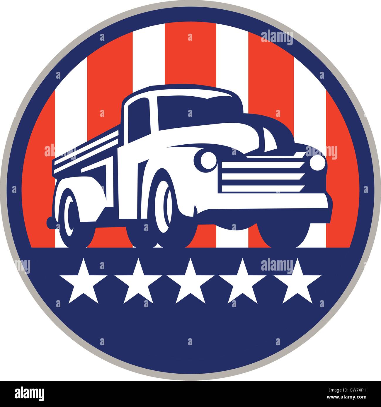 Illlustration of a vintage pick up truck set inside circle with usa american stars and stripes flag in the background done in retro style. Stock Vector