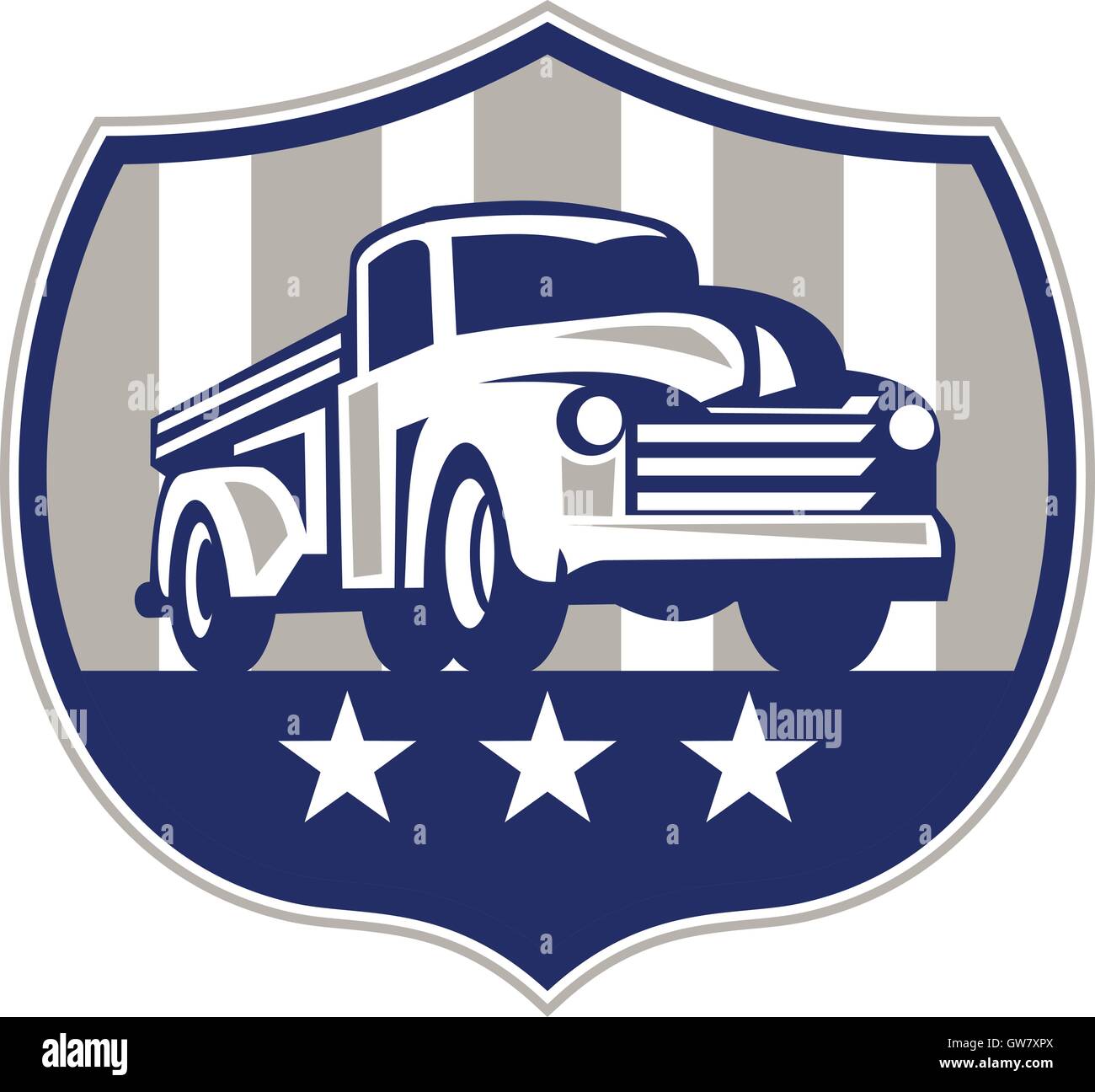 Illlustration of a vintage pick up truck set inside shield crest with usa american stars and stripes flag in the background done in retro style. Stock Vector