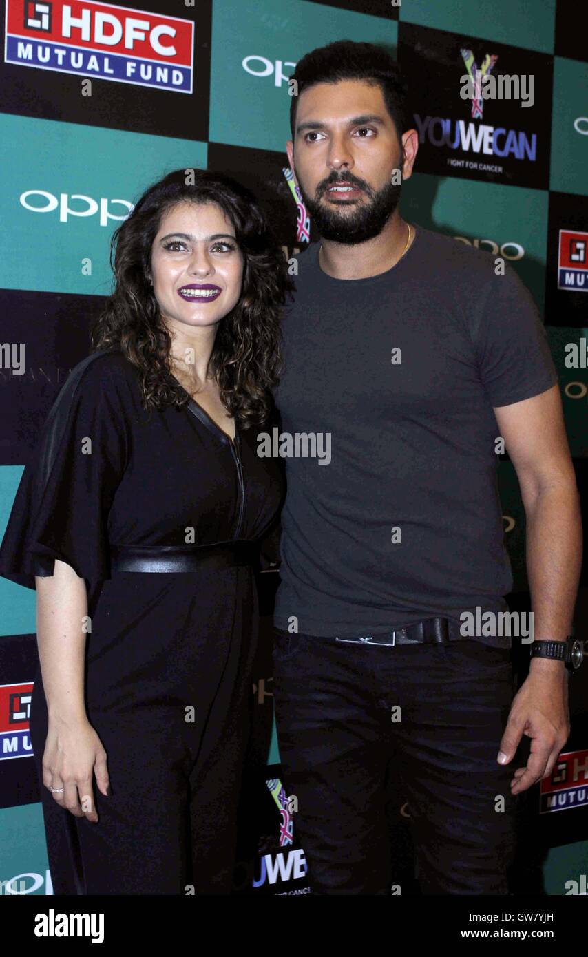 Indian cricket player Yuvraj Singh Bollywood actor Kajol launch clothing brand YWC designed Shantanu and Nikhil Mumbai Stock Photo