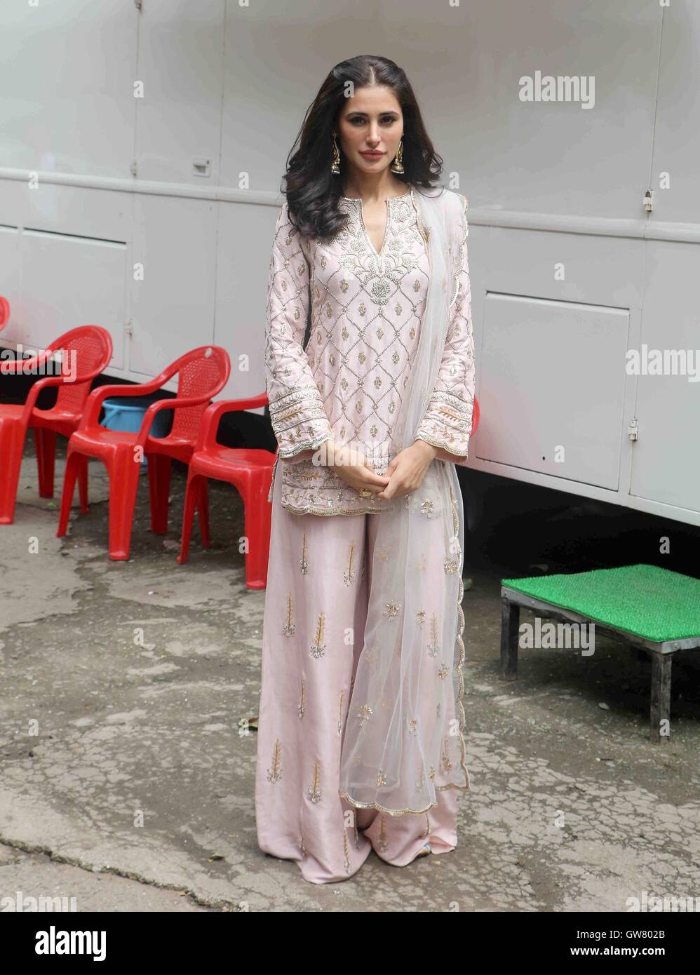 Bollywood actor Nargis Fakhri during the promotion of film Banjo on the sets of The Voice India Kids, in Mumbai Stock Photo