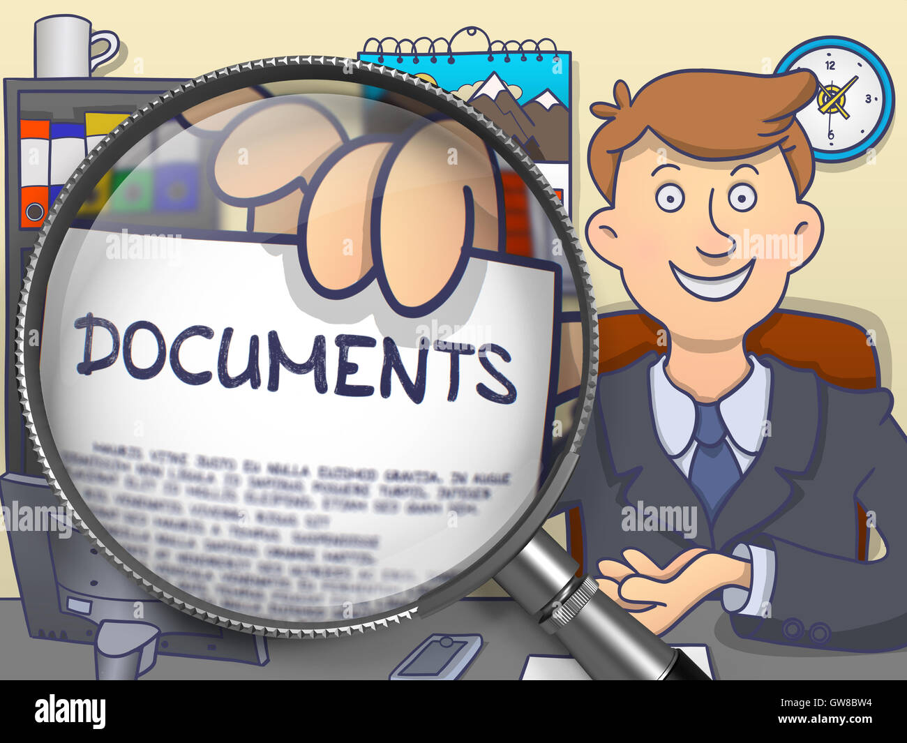 Magnifiers Find Document Documents through Magnifier. Doodle Design Stock Photo - Alamy