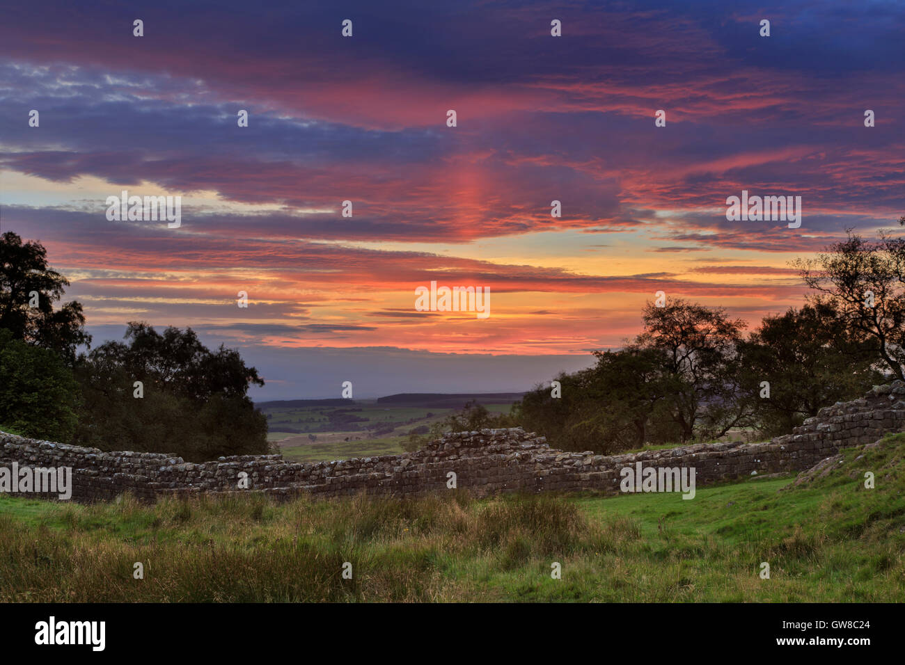Sunset and a Sun Pillar, on Walltown Crags, Hadrian's Wall ...