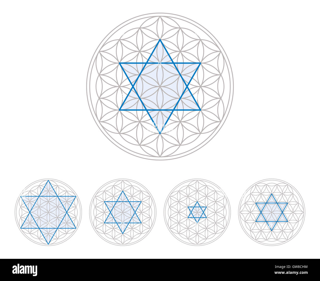 Blue hexagram in Flower of Life, a geometrical figure, composed of multiple evenly-spaced, overlapping circles, forming a flower Stock Photo