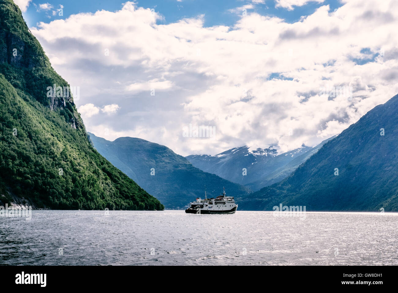 Passenger ferry in Geiranger fjord, Norway Stock Photo