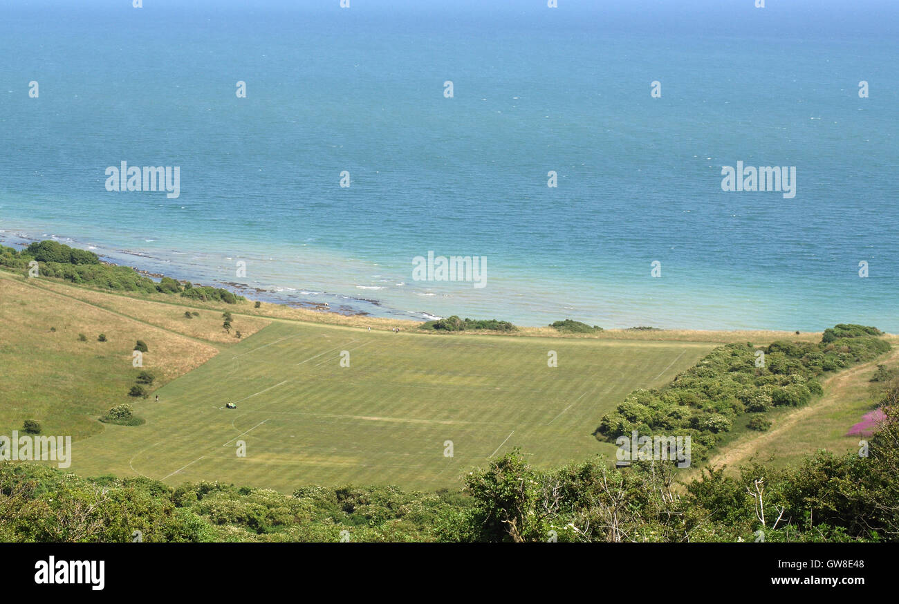 Flat land on coast line from Beachy Head Way, Eastbourne, East Sussex overlooking English Channel Stock Photo