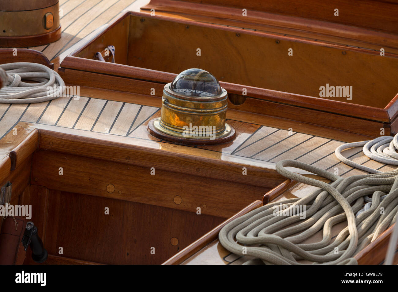 Compass on the deck of classic sailing yacht Stock Photo Alamy