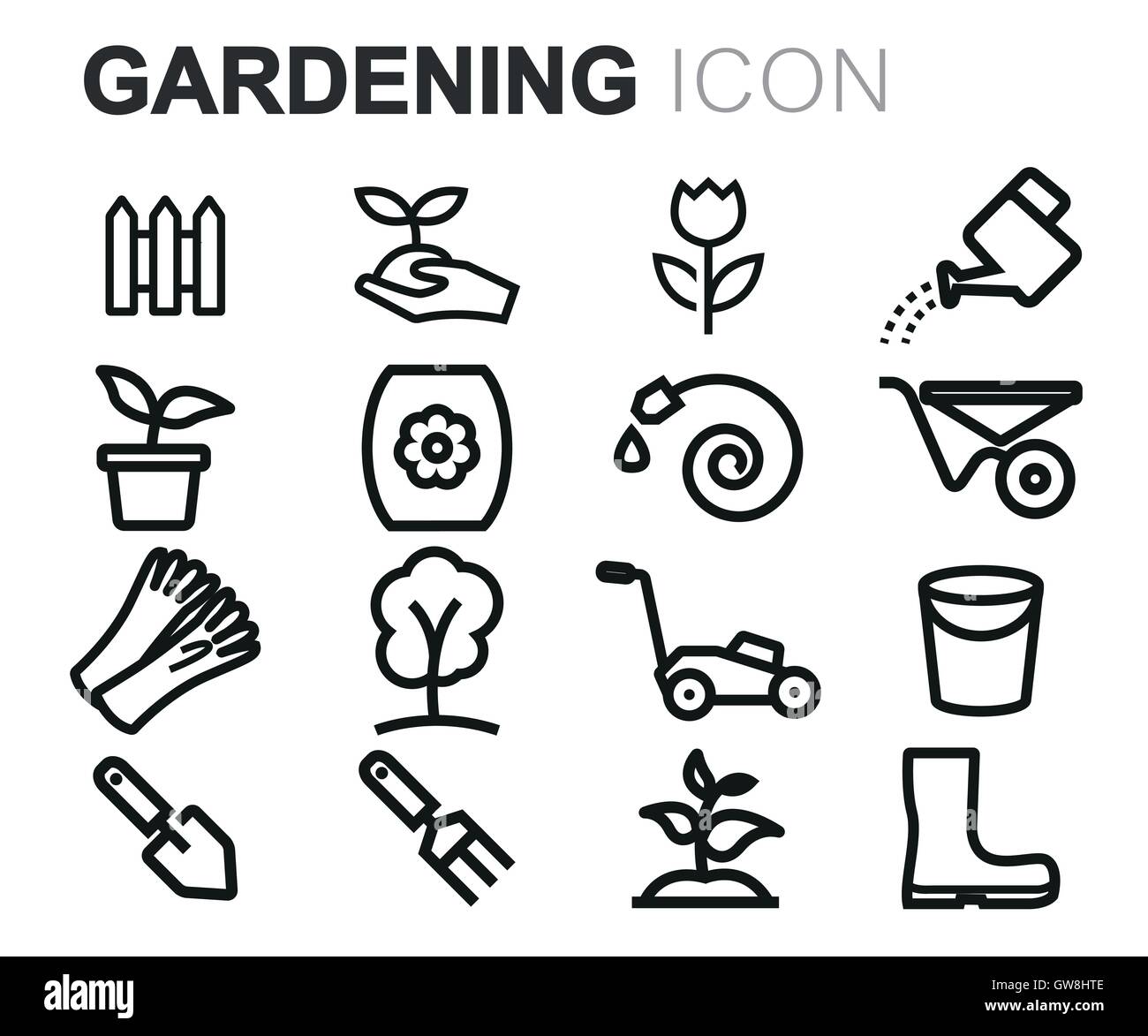 Vector black line gardening icons set on white background Stock Vector ...