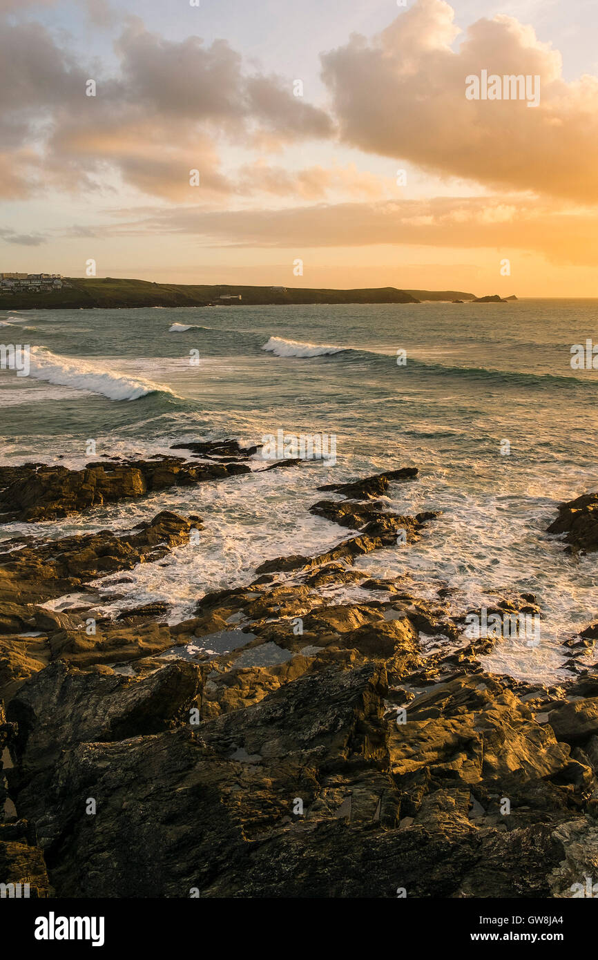 Evening light over the sea at Fistral in Newquay, Cornwall. Stock Photo